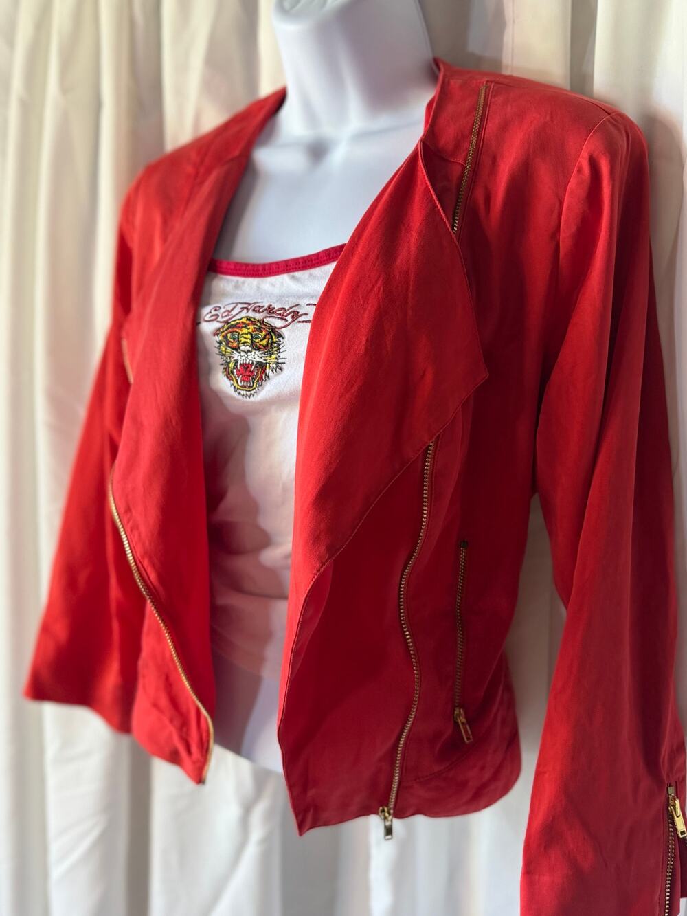 Y2K Bebe Crimson RED asymmetrical moto jacket streetwear